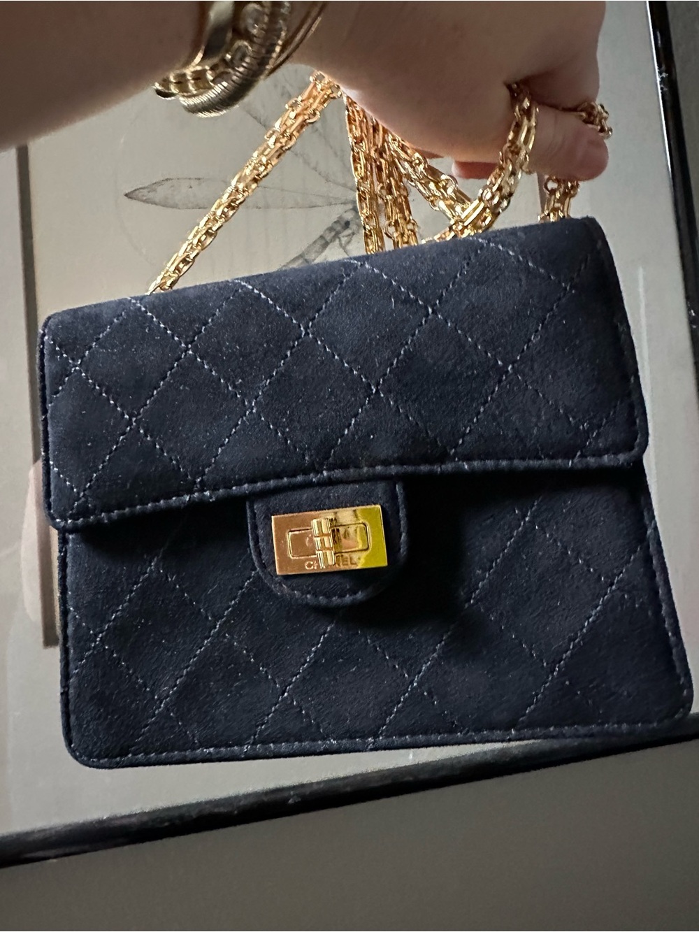 Chanel Quilted Black Suede Crossbody Bag with Gold Chain